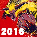  2016 blonde_hair capcom horns monster monster_hunter no_humans rajang red_background red_eyes simple_background teeth 