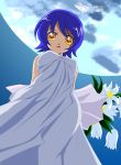  1girl blue_hair bouquet dress dutch_angle flower gradient gradient_background looking_at_viewer night open_mouth original outdoors short_hair simple_background solo tan_(knock_up) yellow_eyes 
