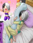  1girl artist_request bare_shoulders barefoot bed black_hair blush blush_stickers closed_eyes dreaming drooling fang flower heart heart_in_mouth majin_shoujo multicolored_hair open_mouth pajamas pillow pillow_hug silver_hair sleeping smile solo zizou 
