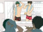  2boys abs ace_of_diamond barefoot bathroom blush brown_hair food green_hair kuramochi_youichi male_focus mirror mocchiri_oyaji multiple_boys muscle sawamura_eijun short_hair strawberry sweat tagme tan tanline topless towel underwear undressing wince yaoi yellow_eyes 