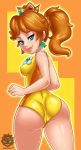  1girl ass blue_eyes brown_hair crown jewelry looking_back mario_&amp;_sonic_at_the_olympic_games mario_&amp;_sonic_at_the_rio_2016_olympic_games nintendo ponytail princess_daisy revtilian smile solo super_mario_bros. super_mario_land 
