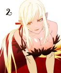  1girl all_fours bare_shoulders blonde_hair breasts cleavage countdown elbow_gloves female gloves hair_ribbon kiss-shot_acerola-orion_heart-under-blade kizumonogatari large_breasts long_hair looking_at_viewer monogatari_(series) pointy_ears ribbon simple_background smile solo very_long_hair yellow_eyes 