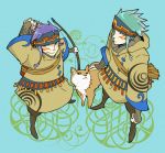  2boys animal arrow artist_request bow_(weapon) dog green_hair headband jomon_period multiple_boys purple_hair weapon 