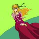  1girl blonde_hair breasts claire_bennett dress green_background green_eyes long_hair ribbon smile tales_of_(series) tales_of_rebirth 