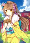  1girl braids brown_hair cat female flower japanese_clothes kimono long_hair love_live!_school_idol_project minami_kotori nadhh20 sky smile yellow_eyes 