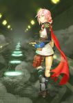  1girl bloodlinev blue_eyes cape final_fantasy final_fantasy_xiii fingerless_gloves gloves lightning_farron looking_at_viewer looking_back parted_lips pink_hair running skirt solo 