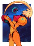  1girl blonde_hair closed_eyes headwear_removed helmet helmet_removed jack_teague metroid metroid_(creature) nintendo ponytail power_armor samus_aran varia_suit 