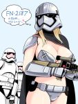  1girl 2boys armor bikini bikini_armor blonde_hair blush bowieknife breasts cape captain_phasma cleavage finn_(star_wars) full-face_blush gauntlets gun helmet large_breasts long_hair multiple_boys navel pauldrons redesign rifle science_fiction silver_bikini solo_focus spoilers star_wars star_wars:_the_force_awakens stormtrooper sweat swimsuit text thought_bubble translation_request trigger_discipline weapon 