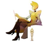  2girls 2gold blonde_hair boots cartoon_network giantess high_heel_boots high_heels multiple_girls simple_background sitting size_difference steven_universe wavy_mouth yellow_diamond_(steven_universe) yellow_pearl yellow_skin 