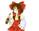  1girl alcohol armpits blush bottle bow brown_hair closed_eyes cravat detached_sleeves drink drunk grin hair_bow hair_tubes hakurei_reimu red_skirt ribbon ribbon-trimmed shrine_maiden simple_background skirt sleeveless sleeves smile solo touhou trim white_background wide_sleeves 