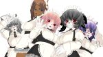 4girls artist_request blue_eyes brown_hair cat dog furry glasses grey_hair maid multiple_girls open_mouth pink_hair red_eyes 