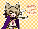  1girl brown_hair cape checkered checkered_background closed_eyes dress earmuffs happy_new_year hard_translated kazeha_(starrysky) new_year open_mouth short_hair skirt smile solo touhou toyosatomimi_no_miko translated 