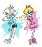  2girls bike_shorts blonde_hair blue_eyes blush crossover crown domino_mask female inkling mask multiple_girls nintendo pointy_ears princess_peach rosetta_(mario) splatoon super_mario_bros. tentacle_hair 