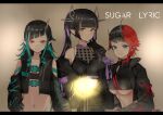  3girls absurdres bangs belt beltbra black_gloves black_hair black_jacket black_sports_bra blue_belt blue_eyes blue_hair blunt_bangs blush breasts chain chest_belt closed_mouth clothing_cutout commentary copyright_name cropped_jacket cross-laced_sleeves demon_girl demon_horns demon_tail earrings eyebrows_visible_through_hair fang flat_chest gloves heart highres horns jacket jewelry kojo_anna large_breasts letterboxed long_hair long_sleeves looking_at_viewer medium_breasts midriff multicolored_hair multiple_girls navel open_clothes open_jacket pointy_ears purple_hair red_eyes redhead ryugasaki_rene sankyo_(821-scoville) shishio_chris short_hair shoulder_cutout smile sports_bra sugar_lyric tail twintails two-tone_hair under_boob upper_body virtual_youtuber yellow_eyes 
