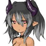 1girl bare_shoulders black_hair dark_skin demon_girl face horns looking_at_viewer nude nunnumanun original pointy_ears portrait red_eyes simple_background solo succubus white_background 