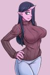  1girl black_hair blue_eyes breasts denim female hips horn ittla jeans large_breasts long_hair milf oni original pants pink_skin pointy_ears smile solo sweater 