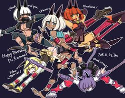  1girl alternate_color animal_ears belt black_hair blonde_hair blue_eyes claws collar dated feet fingerless_gloves gloves midriff ms._fortune_(skullgirls) multiple_persona nadia_fortune navel open_mouth orange_hair purple_hair red_eyes scar short_hair shorts skullgirls sleeveless sleeveless_turtleneck smile tail turtleneck two-tone_hair v white_hair yellow_eyes 