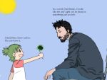  1boy 1girl 4chan :d beard child clover crossover drawfag facial_hair four-leaf_clover green_eyes green_hair keanu_reeves koiwai_yotsuba meme object_namesake open_mouth quad_tails real_life simple_background sitting smile white_background yotsubato! 