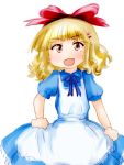  1girl alice_(wonderland) apron bangs blonde_hair blue_dress blunt_bangs bow curtsey dress fang hair_bow hair_ornament hairclip happy large_bow ma.ru oomuro_sakurako red_bow simple_background smile solo white_background 