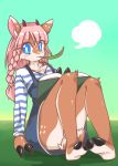  1girl artist_request blue_eyes deer female full_body furry gradient gradient_background long_hair nature outdoors pink_hair plant sitting solo 