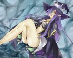 1girl barefoot breasts cape cleavage crown earrings elbow_gloves fatima gloves hair_over_one_eye hat jewelry luminous_arc luminous_arc_2 navel open_mouth pointy_ears purple_hair very_long_hair violet_eyes wet witch_hat 