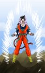  1boy 4boys absurdres aura black_hair boots dragon_ball dragonball_z earrings fusion gloves highres jewelry jmbfanart lavender_hair light_blue_eyes long_hair multiple_boys orange_pants orange_shirt saiyan shirt solo son_gohan son_gokuu son_goten tail trunks_(dragon_ball) vegeta very_long_hair warrior 