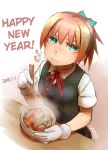  10s 1girl 2015 akeome aqua_eyes dated didloaded eating food gloves happy_new_year hard_translated kantai_collection katsudon_(food) looking_at_viewer mushroom new_year noodles pink_hair ponytail school_uniform shiranui_(kantai_collection) short_hair translated 