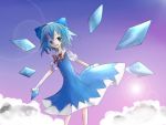  1girl bags blue_eyes blue_hair bow cirno clouds dress fairy fairy_wings gradient gradient_background hair_bow highres large_bow lens_flare red_ribbon ribbon ryotaruu short_hair sky solo touhou wings 