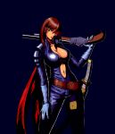  1girl bangs belt blood bodysuit breasts brown_eyes brown_hair contrapposto glasses gloves gradient gradient_background katana large_breasts long_hair looking_at_viewer neckerchief nekosan no_bra oneechanbara reiko_(oneechanbara) simple_background solo sword thigh_strap unzipped weapon 