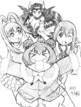  4girls amano_kotone amano_nene bat_(symbol) breasts cleavage demon demon_girl digimon digimon_xros_wars fangs female gamonkoubou happy hinomoto_akari horns lilithmon long_hair monochrome multiple_girls pointy_ears seven_great_demon_lords small_breasts smile succubus very_long_hair 