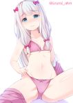  1girl bangs blue_eyes blush bow bow_bikini breasts closed_mouth clothes_pull collarbone embarrassed eromanga_sensei eyebrows_visible_through_hair groin hair_bow izumi_akane izumi_sagiri light_frown long_hair looking_at_viewer navel nose_blush pink_bow shorts shorts_pull simple_background sitting small_breasts solo tareme thighs twitter_username white_background white_hair 
