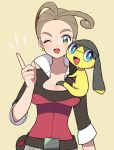  10s breasts brown_hair cleavage green_eyes helioptile pansy_(pokemon) pokemon pokemon_(anime) pokemon_(game) pokemon_xy smile wink 