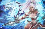  1girl alternate_color alternate_costume breasts cleavage league_of_legends midriff monori_rogue navel nidalee ponytail solo spear stomach tribal white_hair 