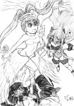  3girls amano_nene angel_wings bandai barefoot character_request dated digimon digimon_xros_wars feathers female flying gamonkoubou halo high_ponytail jewelry long_hair luminamon monochrome multiple_girls nude open_mouth ring saliva smile twintails wings 