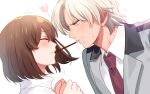  1boy 1girl bangs blazer blush bob_cut closed_eyes collared_shirt dutch_angle embarrassed face-to-face facing_another food food_in_mouth from_side grey_jacket heart hetero highres jacket looking_at_another mouth_hold necktie pocky pocky_kiss portrait profile protagonist_(tokimemo_gs2) red_necktie saeki_teru school_uniform shared_food shirt short_hair simple_background sweat tenryou_sena tokimeki_memorial_girl&#039;s_side_2nd_kiss trembling white_background white_hair white_shirt 