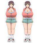  1girl artist_request blush breasts brown_eyes brown_hair cleavage curvy erect_nipples full_body gigantic_breasts idolmaster looking_at_viewer oikawa_shizuku plump shoes short_hair skirt smile sneakers solo standing thick_thighs 