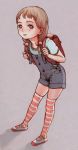  1girl :p backpack bag brown_eyes brown_hair child denim denim_overalls grey_background hair_bobbles hair_ornament mary_janes overalls randoseru ryonma shoes simple_background solo striped_legwear tongue tongue_out zettai_ryouiki 