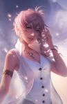  1girl armlet final_fantasy final_fantasy_xiii jewelry jonathan_hamilton necklace outdoors pink_hair see-through serah_farron shirt side_ponytail sky sleeveless sleeveless_shirt smile solo upper_body zolaida 