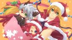  1boy 2girls animal_costume arc_system_works artist_request blazblue blonde_hair blue_eyes blush cape chibi christmas gloves green_eyes hair_ornament hair_tubes hat heterochromia long_hair multiple_girls noel_vermillion one_eye_closed open_mouth ragna_the_bloodedge red_eyes reindeer_costume santa_costume santa_hat short_hair silver_hair smile sweatdrop tsubaki_yayoi wink 