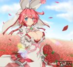  1girl ahoge arc_system_works blue_eyes blush bouquet breasts bridal_veil bursting_breasts cleavage cleavage_cutout dress elphelt_valentine female flower gloves guilty_gear guilty_gear_xrd large_breasts looking_at_viewer lycan pink_hair red_rose ribbon rose roses shiny shiny_hair shiny_skin short_hair sky solo spikes veil wedding_dress white_dress 