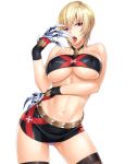  1girl blonde_hair breasts claws erect_nipples female gloves large_breasts looking_at_viewer no.16_sonia nobushito_kuro short_hair skirt solo sonia_(taimanin_asagi) taimanin_asagi taimanin_asagi_battle_arena tongue tongue_out under_boob violet_eyes weapon 