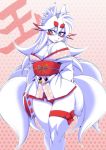  1girl amakuchi female fox furry japanese_clothes long_hair panties red_eyes solo underwear white_hair 