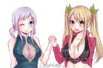  2girls blonde_hair blue_eyes breasts brown_eyes cleavage fairy_tail hand_holding large_breasts lisanna_strauss looking_at_viewer lucy_heartfilia multiple_girls one_eye_closed short_twintails twintails white_hair wink 