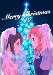  2girls bangs black_hair blush bow bowtie cardigan eye_contact from_side frown hyuuga_aoi_(artist) incipient_kiss indoors looking_at_another love_live!_school_idol_project multiple_girls nervous nishikino_maki profile school_uniform shirt short_hair short_twintails twintails violet_eyes wide-eyed window yazawa_nico yuri 