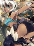  1girl animal_ears ass belt blue_eyes bob_cut cat_ears cat_tail dark_skin fangs female fingerless_gloves from_behind gloves looking_back mishiro_shinza ms._fortune_(skullgirls) nadia_fortune open_mouth pouch scar short_hair shorts skullgirls smile solo tail teeth white_hair 