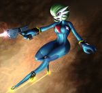  1girl crossover female gardevoir green_hair laser metroid mykegreywolf pokemon pokemon_(game) red_eyes samus_aran samus_aran_(cosplay) solo tongue weapon zero_suit 