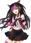  1girl ;) \m/ black_skirt dangan_ronpa detached_sleeves fingernails hand_on_hip jewelry midriff mioda_ibuki multicolored_hair neckerchief necklace one_eye_closed ring simple_background skirt smile spikes striped_sleeves thigh-highs two-tone_hair violet_eyes white_background wink z-epto_(chat-noir86) zettai_ryouiki 
