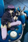  1girl boots brown_eyes cyborg female fingerless_gloves ghost_in_the_shell ghost_in_the_shell_stand_alone_complex gloves gun highres jacket kusanagi_motoko leotard platin_(alios) purple_hair short_hair solo tachikoma thigh-highs weapon 