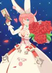  1girl ahoge arc_system_works blue_eyes bouquet breasts bridal_veil cleavage dress dual_wielding elphelt_valentine female flower gloves guilty_gear guilty_gear_xrd gun heart large_breasts looking_at_viewer one_eye_closed pink_hair red_rose ribbon rose roses shiny shiny_hair shiny_skin sizukage smile solo veil weapon wedding_dress white_dress wink 