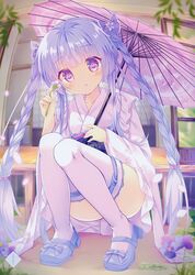  1girl absurdres bow braid cherry_blossoms eyebrows_visible_through_hair flower full_body hair_bo head_tilt highres holding holding_flower japanese_clothes kimono kinokomushi long_hair looking_at_viewer oriental_umbrella original outdoors parted_lips pink_umbrella purple_bow purple_hair short_kimono short_yukata solo squatting thigh-highs twin_braids twintails umbrella very_long_hair violet_eyes white_flower white_legwear yukata 